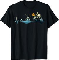 Heartbeat with Sailboat Tropical Palm Trees Beach Island TShirt Casual Holiday Clothes Women Clothing Tops  Ropa De Mujer S
