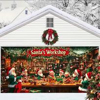 2D Holiday Garage Door Cover, Santa's Workshop with Elves Photo Booth Background 47.2x31.5inch/120*80cm