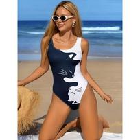 Summer Sexy Colorful Pattern Printed One-piece Swimsuit Slim Fit and Slimming, Deep U-back Design, Beach Pool Vacation Eye-catching Fashion Swimsuit XS tamsiai mėlyna spalva