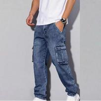 Men Jeans Baggy Hip Hop Jeans Multi Pockets Skateboard Jeans for Men Tactical Joggers Denim Pants Size S mėlyna