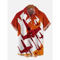 Retro gradient orange poster sci-fi interstellar travel spaceship print chest pocket short-sleeved shirt extra large size S-5XL M