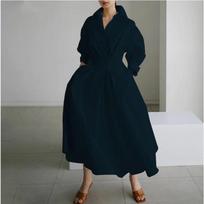 Moteriška medvilninė negabaritinė elegantiška medvilninė saulės suknelė su atvartu, aukštu juosmeniu, ilgomis rankovėmis, ilgi marškiniai S tamsiai mėlyna