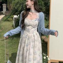 Plus Size Retro Print Camisole Dress & High Waist Long Skirt Cardigan Set S (Approx. 40-48 kg)