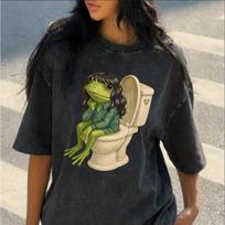 Stylish Frog Print Vintage Washed Black Oversized T-Shirt Casual Crew Neck Short Sleeve Tee for Women S