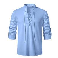 Mens Pirate Shirt Viking Retro Renaissance Medieval Gothic Victorian Halloween Costume Casual Cotton Linen Lace Up Hippie Shirts S