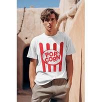 Funny Popcorn Costume T-Shirt | White Tee with Red & Yellow Kernel Design - Unisex Adult Casual Party Outfit for Halloween, Carnivals, Movie Nights - S balta
