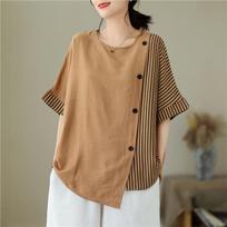 MOJTA Women's Top Summer Round Neck Loose Stitching Striped Button Short Sleeved Shirt T-shirt one size chaki
