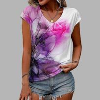 Women's V-neck Short Sleeved Lotus Halo Dye Printed Top Loose T-shirt Casual Shirt XS violetinė