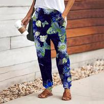 Women Butterfly Printing Pants Lace Up Elastic Waist Loose  Trousers Casual Long Pants Trousers with Pockets XS