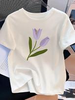 Women's Casual Crew Neck T-Shirt With A Vibrant Tulip Print S įvairiaspalvis