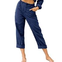 High Waist Pants Womens Casual Cotton Baggy Trousers Ladies Summer Plus Size Pants S tamsiai mėlyna spalva