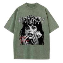 Sad Wealth Printing Washed T-Shirt Women Hip Hop Cotton T Sh S tamsiai žalia spalva