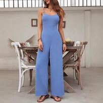 European and American onesies are comfortable, simple, fashionable and breathable women's summer solid color woven wooden bead suspender jumpsuit european and american code m