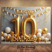 2D 10th Birthday Photo Booth Backdrop Golden Balloons and Confetti Background 47.2x31.5inch/120*80cm
