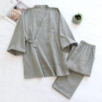 Spring and Summer Kimono Men's Pajamas Two-piece Cotton Simple  Three-quarter Sleeve Trousers L pilka spalva