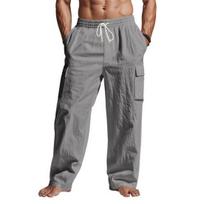 Men Linen Baggy Trousers Casual Drawstring Waist Wide Leg Pants Loose Fit Summer Beach Yoga Trousers with Pockets for Daily Wear Vacation M tamsiai pilka spalva