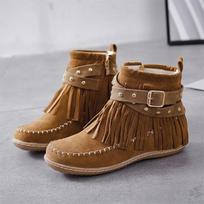 Madingi moteriški vintažiniai ankle boots, moteriški batai su kutais ir kniedėmis, moteriški siuvinėti apvalaus priekio plokščiapadžiai, moteriški madingi užtraukiami vienspalviai batai, didelio dydžio 34 ruda