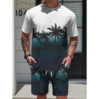 Men's Summer Palm Tree Print Set: White Tee & Gradient Shorts with Tropical Silhouette. Loose Fit Big Size Streetwear for Beach & Daily Wear S įvairiaspalvis