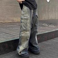 Multi Pockets Drawstring Jeans Men Harajuku Streetwear Baggy Y2K Denim Trousers Oversized Cargos M mėlyna