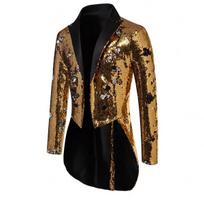Men's Metallic Shiny Sequins Tuxedo Performance Party,Stage Performance Dress Coat Fashion Long Cardigan Suit Jacket M auksas