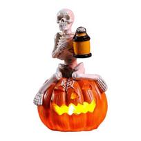 Halloween Pumpkin Skeleton Figurine, LED Light-Up Decorative Pumpkin Lantern, Spooky Holiday Decoration for Halloween Parties & Ghost Festivals