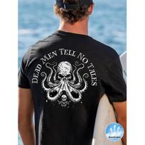1pc Men's Pirate-Themed Dead Men Tell No Tales T-Shirt - Black Breathable Short Sleeve Tee with Skull & Tentacle Print for Surfing, Beachwear & S juoda