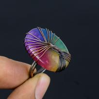 Tree Of Life Rainbow Solar Quartz Gemstone Copper Wire Wrapped Handmade Jewelry Ring For Wedding Gift 4 rožinė