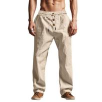 Men's Summer Linen Pants Casual Solid Color Baggy Trousers Beach Yoga Trousers with Pockets Elastic Waist Drawstring for Daily Wear And Vacation XL chaki