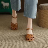 2024 Summer New Braided One-word Strap Thick Heel Beach Flat Bottom Retro Roman Hollow Baotou Sandals Women's Thick Heel EUR 40 smėlis