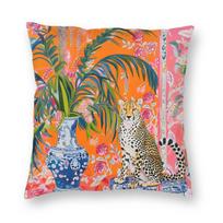 Cheetah Ginger Jar Palm Leaves Square Pillowcase Polyester Linen Velvet Creative Zip Decorative Pillow Case Bed Cushion Cover 12x12Inch