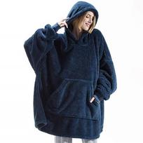 Winter Women Double-faced Fleece Hoodie Blanket Oversize Large Pocket Warm Couple Loose Sweatshirts Women and Men Robe One Size tamsiai mėlyna spalva
