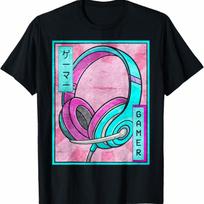 Gamer Gaming Headset Japanese Vaporwave Aesthetic T-Shirt S įvairiaspalvis