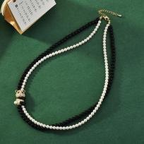 Xiaoxiangfeng Double-Layer Necklace Pearl Black And White Crystal Stacked With Retro Choker Panda Collarbone Chain Tide