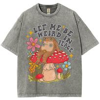 Lazy Cute Frog Mushroom Flower Print T-Shirt Retro Washed De S pilka spalva