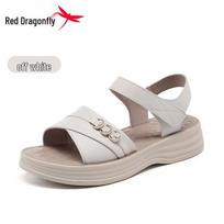 Red Dragonfly Women's Summer Genuine Leather Velcro Sandals - Flat, Non-slip Soft Sole 38 smėlis
