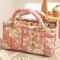 Floral Pattern Bento Handbags Patchwork Design Foldable Shopper Bag Cotton Material Portable Cosmetic Bag Home Textile Storage