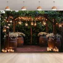2D Evening Garden Wedding Backdrop Rustic Lantern & Barrel Decor Photo Booth Background 47.2x31.5inch/120*80cm