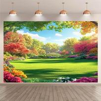 2D Spring Park Photo Booth Backdrop Lush Green Grass & Blooming Trees Background 47.2x31.5inch/120*80cm