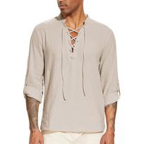 Men's Pirate Shirt Medieval Viking Henley Collar Shirts Drawstring Cotton Linen Lace Up V Neck Shirts Beach Spring Summer Tops S chaki