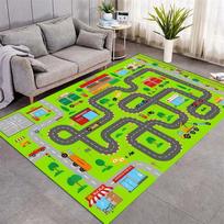 Kids City Road Play Rug, Non-Slip Educational Floor Mat with Town & Train Tracks Design, Interactive Car Track Carpet for Playroom 40x60cm( 15x23in )