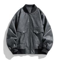 Autumn New Hong Kong Style PU Leather Jacket Men's Loose Large Size Fat Man On Clothes Solid Color Casual Couple Coat L tamsiai pilka spalva