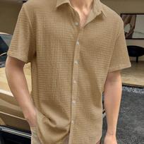 Men's Solid Color Summer Thin Pleated Feng Shui Ripple Breathable Short Sleeved Casual Shirt L chaki