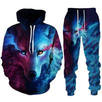 Spalvingas Wolf 3D Print Hoodies Kostiumas Vyriški laisvalaikio megztiniai megztiniai kelnės dviejų dalių rinkinys Cool Streetwear Couple Jogger sportinis kostiumas S