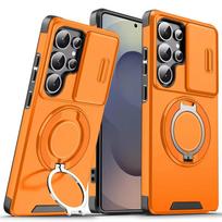 Šarvuoti magnetiniai žiediniai stovai Telefonų dėklai Samsung Galaxy S25 S24 S23 S22 Ultra Plus S21 FE Dėklas su slankiojančiu kameros apsaugos dangteliu Galaxy S25+ oranžinė