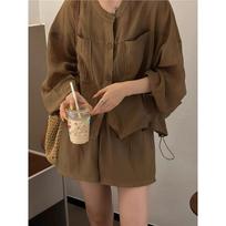 Round Neck Loose Long-sleeved Sun Protection Shirt Shorts Suit Women's Loose Drawstring Two-piece Set M