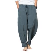 Male Casual Solid Color Trousers Sweatpants Chinese Style Harem Pants Mens Cott Linen Loose Pants Plus Size M pilka