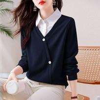 Spring and Autumn Style Shirt Lapel Stitching Long-sleeved T-shirt Sweater Fake Two-piece Fashion Top S tamsiai mėlyna spalva