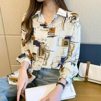 Retro Hong Kong Style Temperament Chiffon Long-sleeved Printed Shirt Women's Blouse Popular Loose Design Sense Niche XS abrikosas