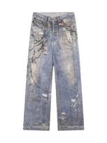 RogueWave New 3D Chain Printed Baggy Jeans for Men and Women Casual Baggy Straight Denim Pants High Street Wide-leg Y2K Jean S mėlyna
