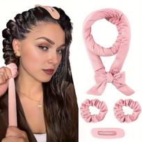 4pcs Heatless Curling Rod No Heat Hair Curlers Overnight Heatless Curling Set with Hair Scrunchies and Clip Styling Tools rožinė